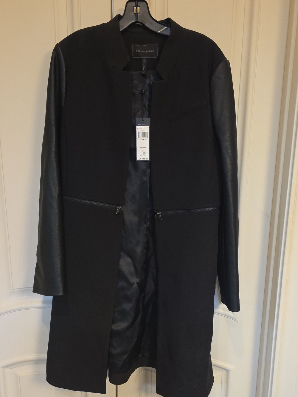 BCBGMaxAzria Black Mixed-Media Trench Coat with Faux Leather Sleeves